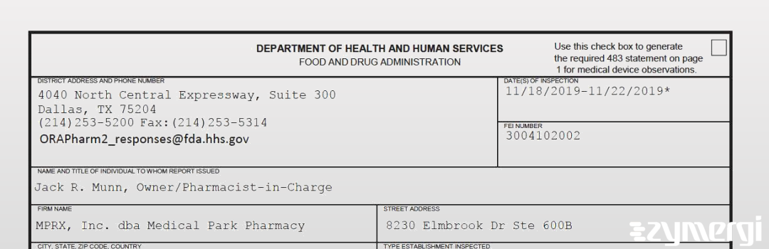 FDANews 483 MPRX, Inc. dba Medical Park Pharmacy Nov 22 2019 top