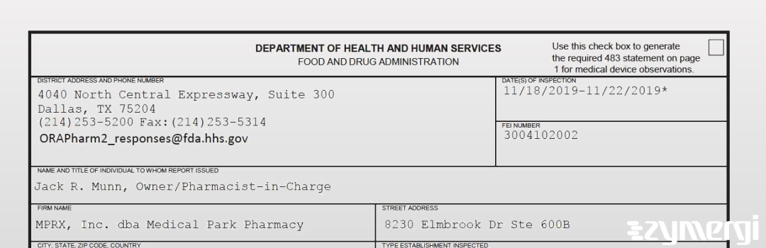 FDANews 483 MPRX, Inc. dba Medical Park Pharmacy Nov 22 2019 top