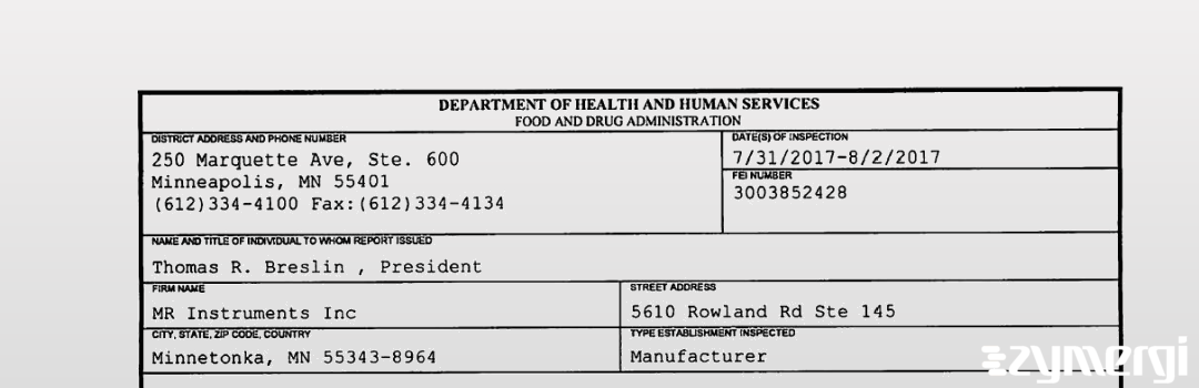 FDANews 483 MR Instruments Inc Aug 2 2017 top