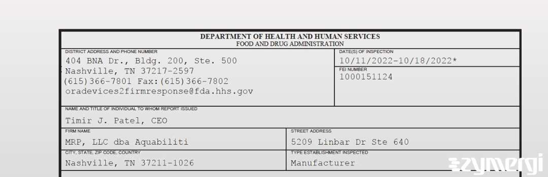 FDANews 483 MRP, LLC dba Aquabiliti Oct 18 2022 top