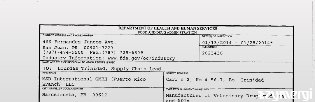 FDAzilla 483 MSD International GmbH (Puerto Rico Branch) LLC Jan 28 2014 top