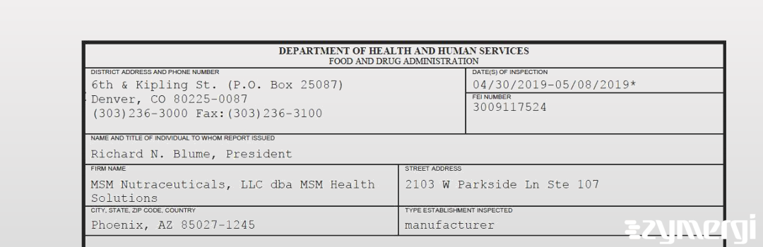 FDANews 483 MSM Nutraceuticals, LLC dba MSM Health Solutions May 8 2019 top