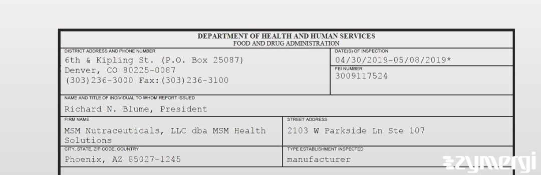 FDANews 483 MSM Nutraceuticals, LLC dba MSM Health Solutions May 8 2019 top