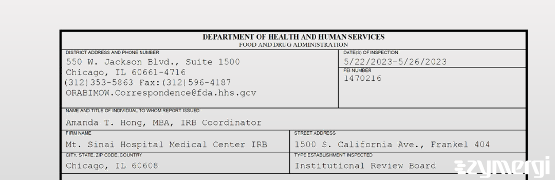 FDANews 483 Mt. Sinai Hospital Medical Center IRB May 26 2023 top