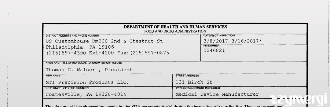 FDANews 483 MTI Precision Products LLC. Mar 16 2017 top