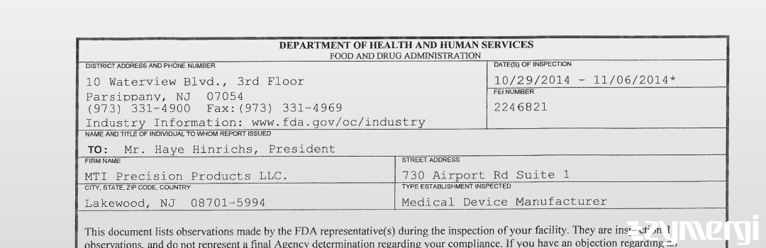 FDANews 483 MTI Precision Products LLC. Nov 6 2014 top