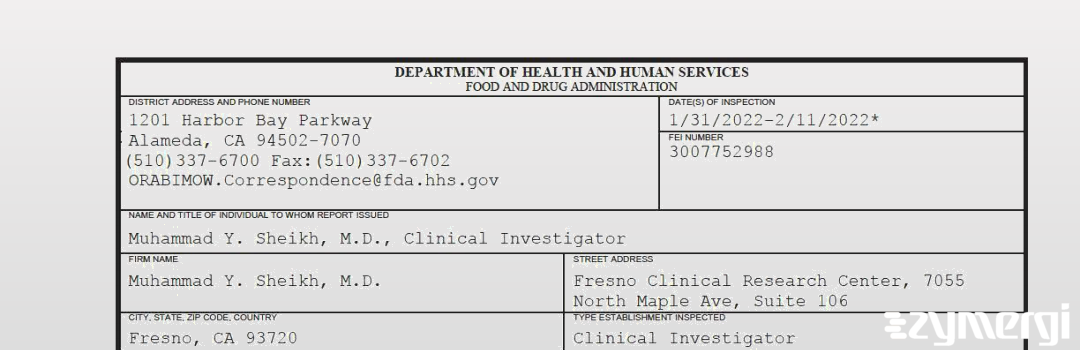 FDANews 483 Muhammad Y. Sheikh, M.D. Feb 11 2022 top