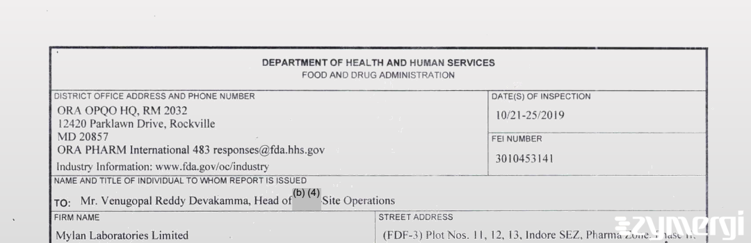 FDANews 483 Mylan Laboratories Limited Oct 25 2019 top