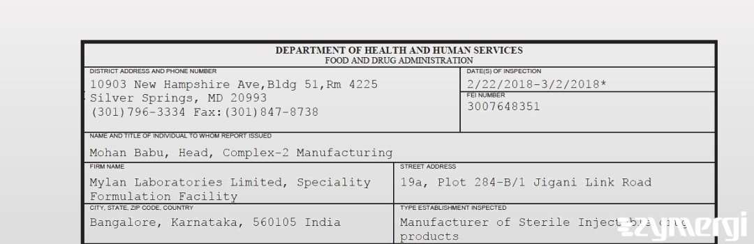 FDANews 483 Mylan Laboratories Limited, Speciality Formulation Facility Mar 2 2018 top