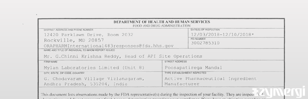 FDANews 483 Mylan Laboratories Limited (Unit 8) Dec 10 2018 top