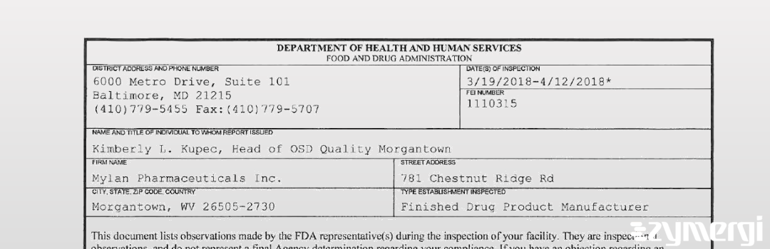 FDANews 483 Mylan Pharmaceuticals Inc Apr 12 2018 top