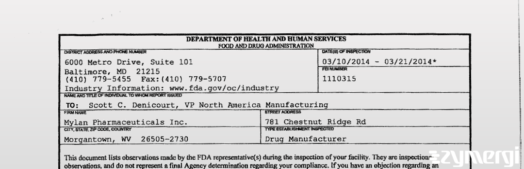 FDANews 483 Mylan Pharmaceuticals Inc Mar 21 2014 top