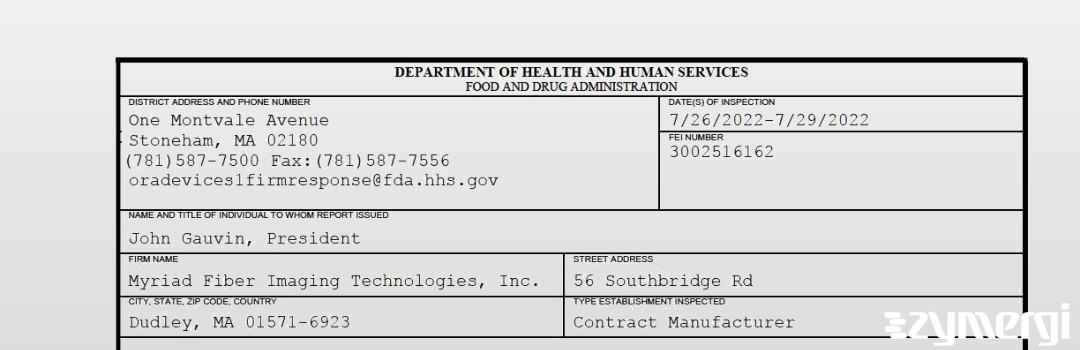 FDANews 483 Myriad Fiber Imaging Technologies, Inc. Jul 29 2022 top