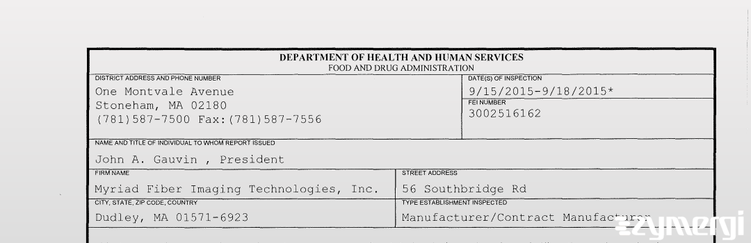 FDANews 483 Myriad Fiber Imaging Technologies, Inc. Sep 18 2015 top