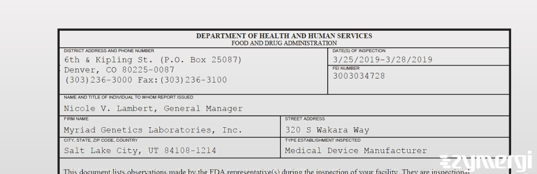 FDANews 483 Myriad Genetics Laboratories, Inc. Mar 28 2019 top