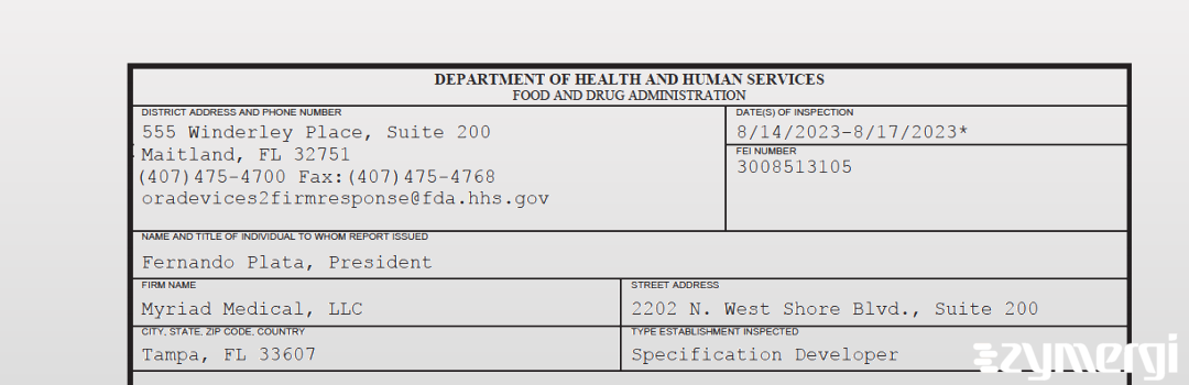 FDANews 483 Myriad Medical, LLC Aug 17 2023 top