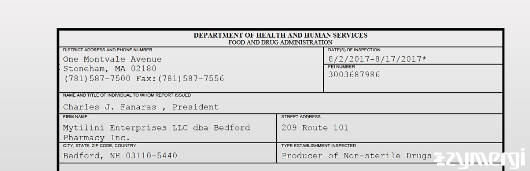 FDANews 483 Mytilini Enterprises LLC dba Bedford Pharmacy Inc. Aug 17 2017 top