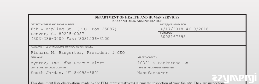 FDANews 483 Mytrex, Inc. dba Rescue Alert Apr 19 2018 top