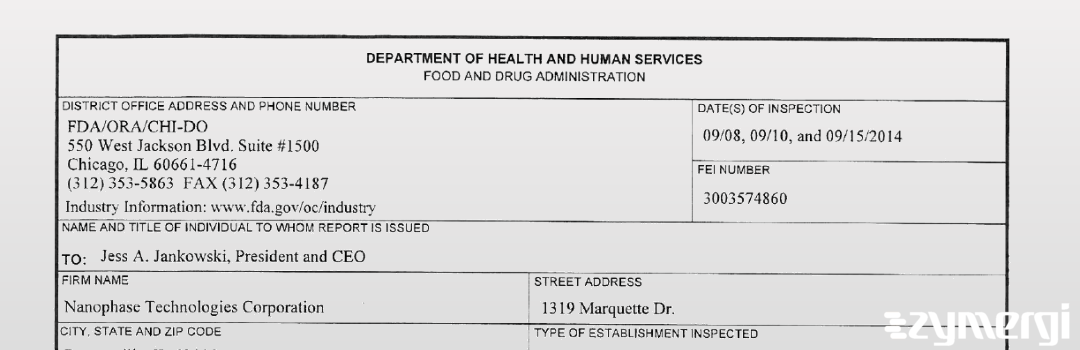 FDANews 483 Nanophase Technologies Corporation Sep 15 2014 top