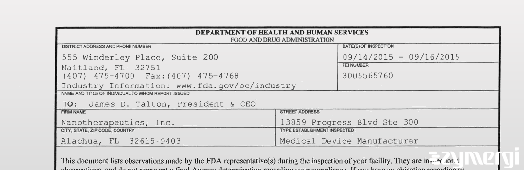 FDANews 483 Nanotherapeutics, Inc. Sep 16 2015 top