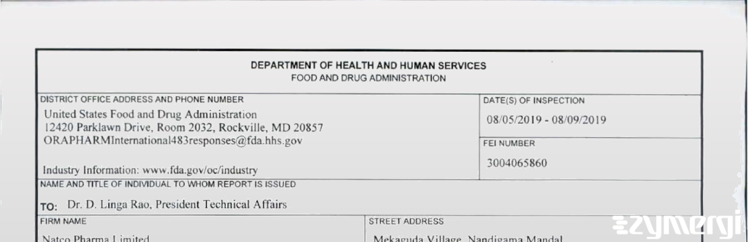 FDANews 483 Natco Pharma Ltd. - Chemical Division Aug 9 2019 top