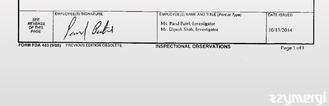 Dipesh K. Shah FDA Investigator Parul M. Patel FDA Investigator