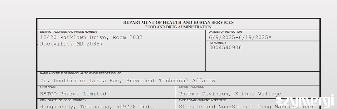 FDANews 483 NATCO Pharma Limited Jun 19 2025 top