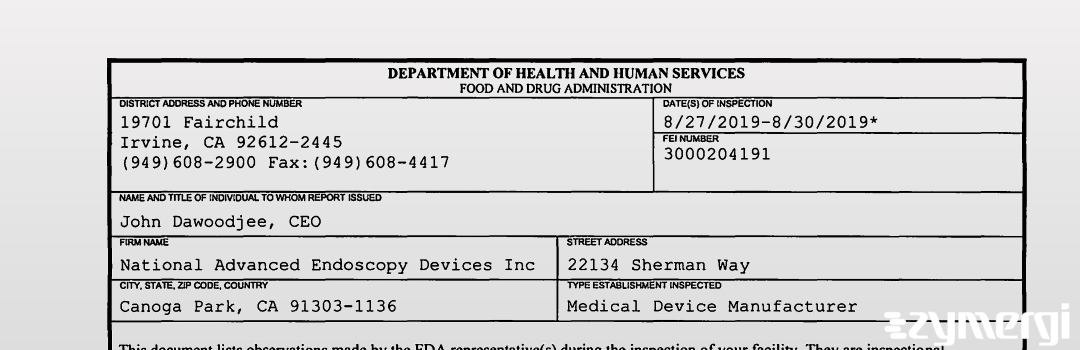 FDANews 483 National Advanced Endoscopy Devices Inc Aug 30 2019 top