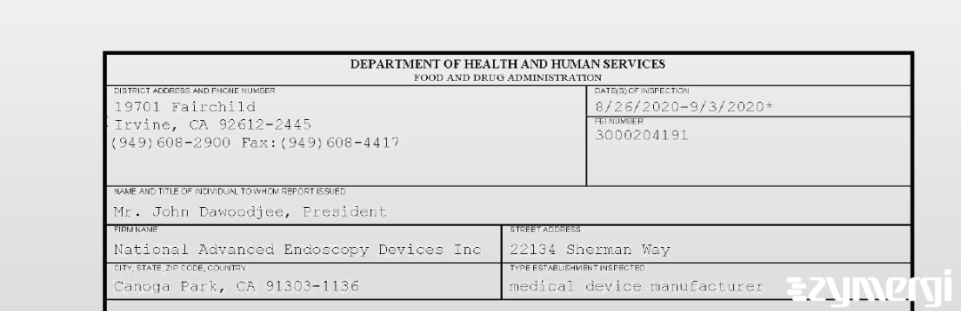 FDANews 483 National Advanced Endoscopy Devices Inc Sep 3 2020 top