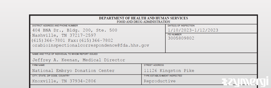 FDANews 483 National Embryo Donation Center Jan 12 2023 top