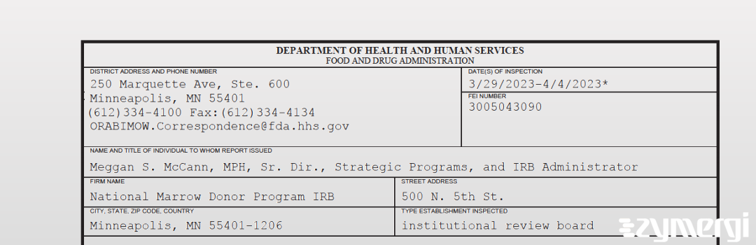 FDANews 483 National Marrow Donor Program IRB Apr 4 2023 top