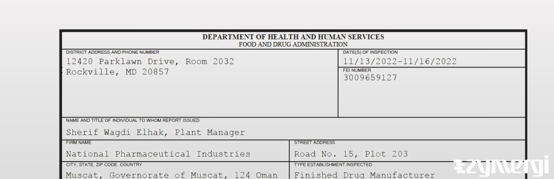 FDANews 483 National Pharmaceutical Industries Nov 16 2022 top