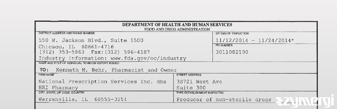 FDANews 483 National Prescription Services Inc. dba HRI Pharmacy Nov 24 2014 top