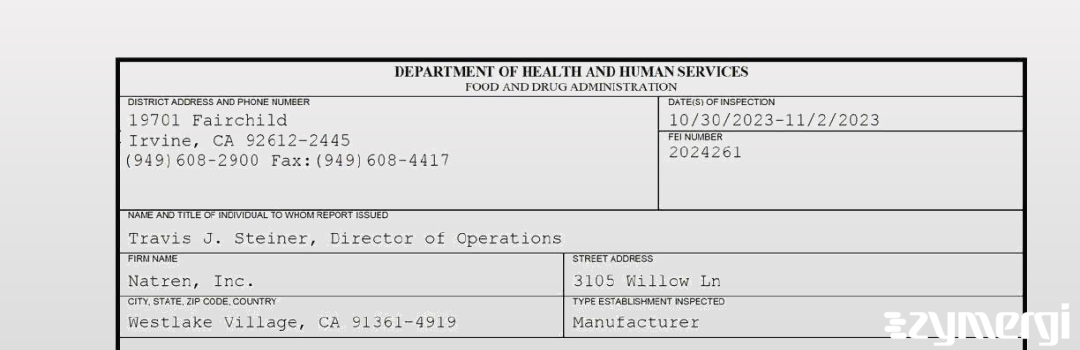 FDANews 483 Natren, Inc. Nov 2 2023 top