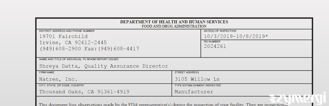 FDANews 483 Natren, Inc. Oct 8 2019 top