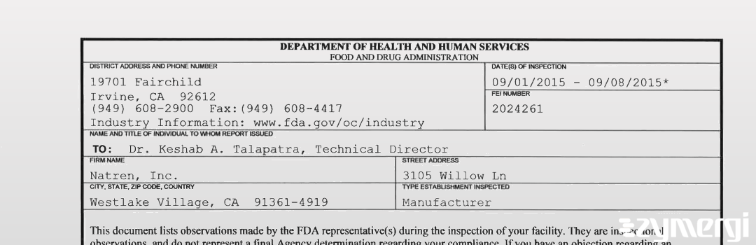 FDANews 483 Natren, Inc. Sep 8 2015 top