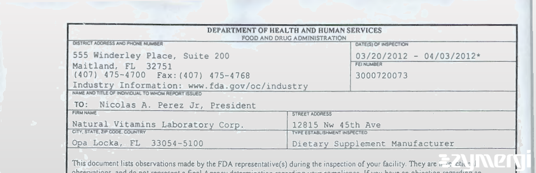 FDANews 483 Natural Vitamins Laboratory Corp. Apr 3 2012 top