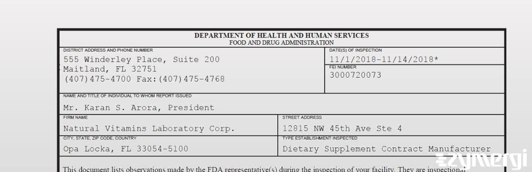 FDANews 483 Natural Vitamins Laboratory Corp. Nov 14 2018 top