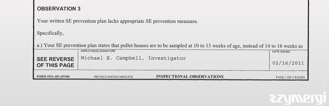 Michael E. Campbell FDA Investigator Holly J. Wilson FDA Investigator Clinton D. Priestley FDA Investigator Michael E. Clark FDA Investigator 