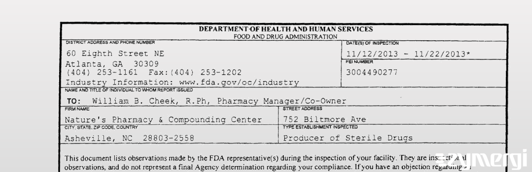 FDANews 483 Nature's Pharmacy & Compounding Center Nov 22 2013 top