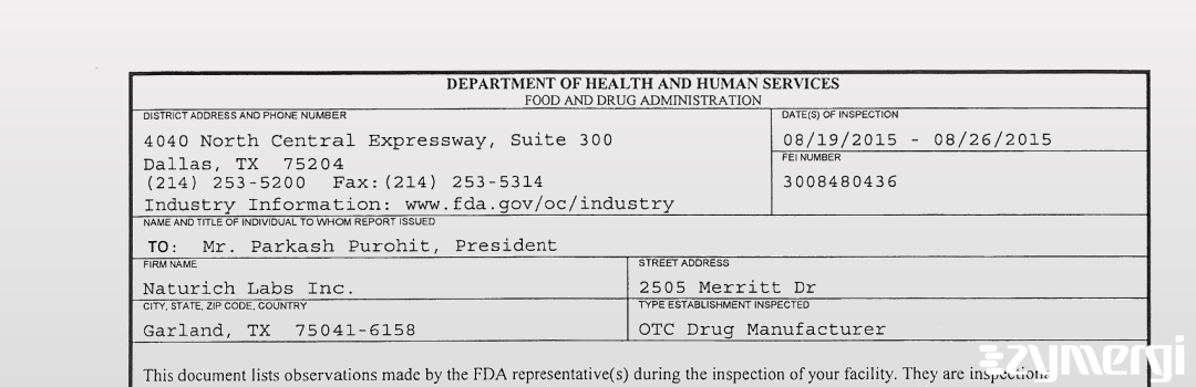 FDANews 483 Naturich Labs Inc. Aug 26 2015 top