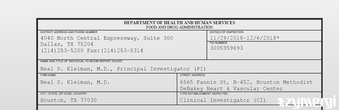 FDANews 483 Neal S. Kleiman, M.D. Dec 6 2018 top