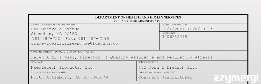 FDANews 483 Needletech Products, Inc Oct 8 2021 top