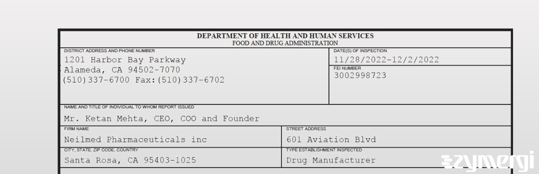 FDANews 483 Neilmed Pharmaceuticals inc Dec 2 2022 top