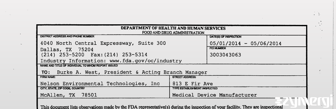 FDANews 483 Nelson Environmental Technologies, Inc. May 6 2014 top