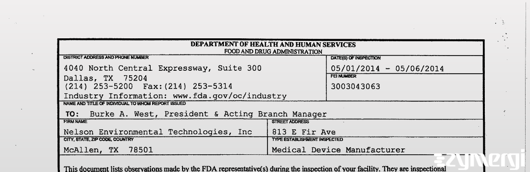 FDANews 483 Nelson Environmental Technologies, Inc. May 6 2014 top