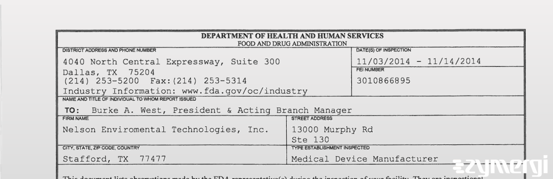 FDANews 483 Nelson Environmental Technologies, Inc. Nov 14 2014 top