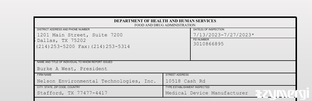 FDANews 483 Nelson Environmental Technologies, Inc. Jul 27 2023 top