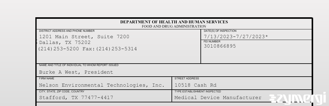 FDANews 483 Nelson Environmental Technologies, Inc. Jul 27 2023 top