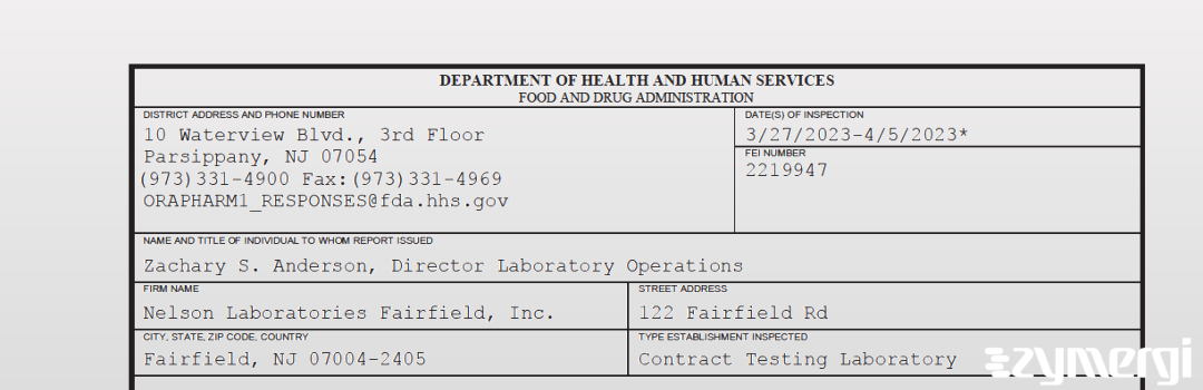 FDANews 483 Nelson Laboratories Fairfield, Inc. Apr 5 2023 top